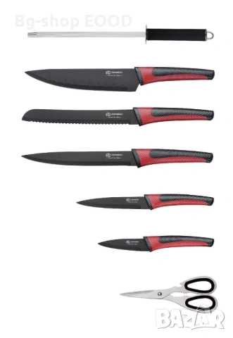 Комплект кухненски ножове от въглеродна стомана от 8 части с ергономични дръжки, черно и червено, снимка 10 - Други - 53744393