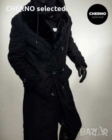 C&A дълго двуредно мъжко кожено палто от естествен велур с кожена яка – размер L , снимка 4 - Якета - 53668334