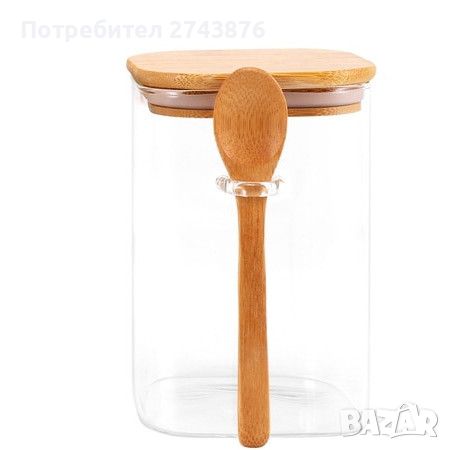 Стъклен квадратен буркан с бамбукова лъжичка и бамбуков капак със силиконово уплътнение,12,5х10см