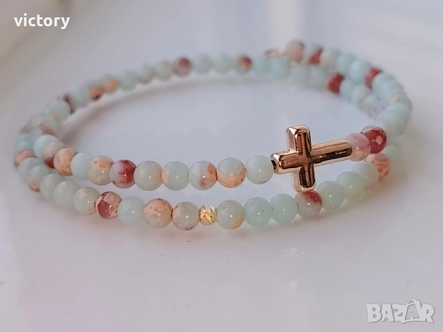 ✨ Гривна Angel’s Light от естествени камъни с кръстче ✝️, снимка 2 - Гривни - 54271732