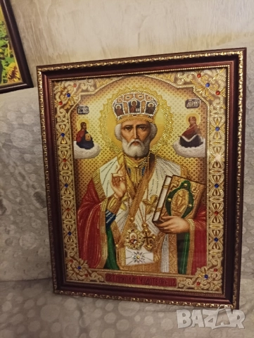 "св. Николай Чудотворец" Диамантен Гоблен - Готов налепен в рамка, снимка 4 - Икони - 52596199