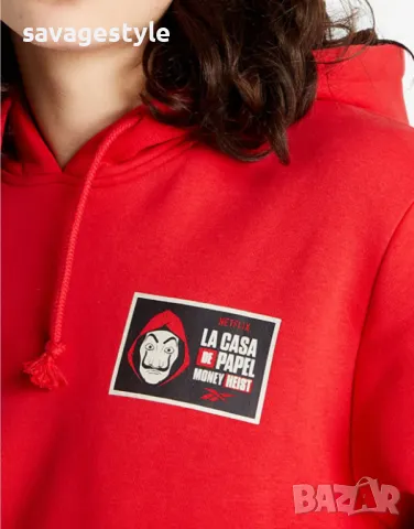 Спортно горнище REEBOK x La Casa de Papel Unisex Hoodie Red, снимка 3 - Суичъри - 49218744