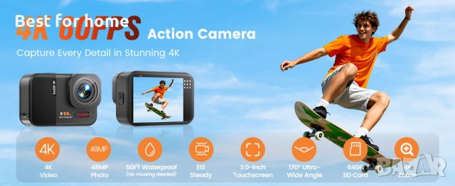 4K 60FPS 48MP WiFi екшън камера с тъчскрийн Go10, снимка 14 - Камери - 52901788