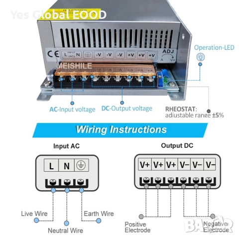 MEISHILE захранване 60V 20A 1200W индустриално S-1200-60, снимка 7 - Друга електроника - 52935717