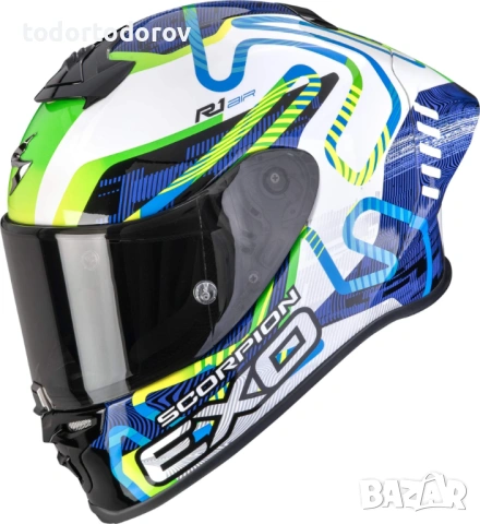 Мото Каска SCORPION EXO-R1 EVO 2 AIR Cornering Gree/Blue 2026 860.37 лв. / 439.90 €