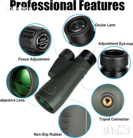 ЧИСТО НОВ Монокулярен телескоп EASTPOLE с държач за смартфон 12x50, снимка 4 - Аналогови камери - 50525164