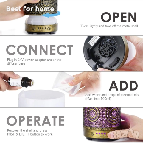 Луксозен Метален Арома Дифузер SALKING – 260ml, Ултразвуков, 7 LED цвята, снимка 6 - Други - 52929647