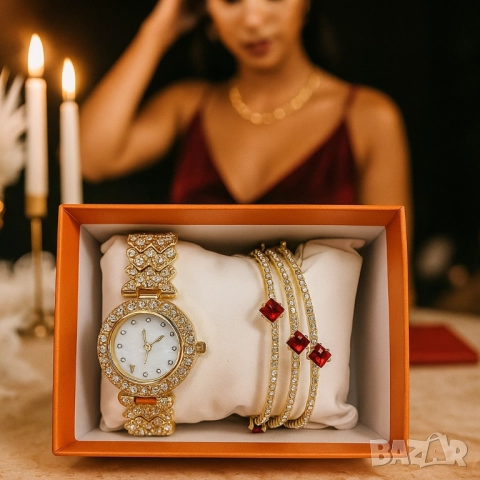 Готов сет за елегантност: кварцов часовник + 3 гривни с червени акценти, снимка 7 - Бижутерийни комплекти - 51967809