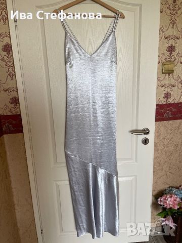 Нова сатенена еластична дълга официална парти коктейлна сребриста сребърна дълга рокля тип русалка , снимка 2 - Рокли - 46291901