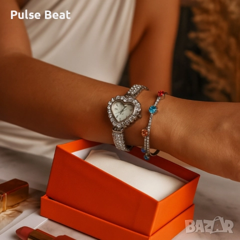 Сърцевиден дамски часовник с гривна и кристали – стил и практичност в кутия, снимка 3 - Дамски - 51933119