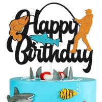 Рибар с риба Happy Birthday картонен брокатен топер декор за торта рожден ден украса, снимка 1 - Други - 45641516
