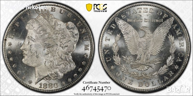 1$ Морган долар 1880-S САЩ (сребро) PCGS MS 63, снимка 1