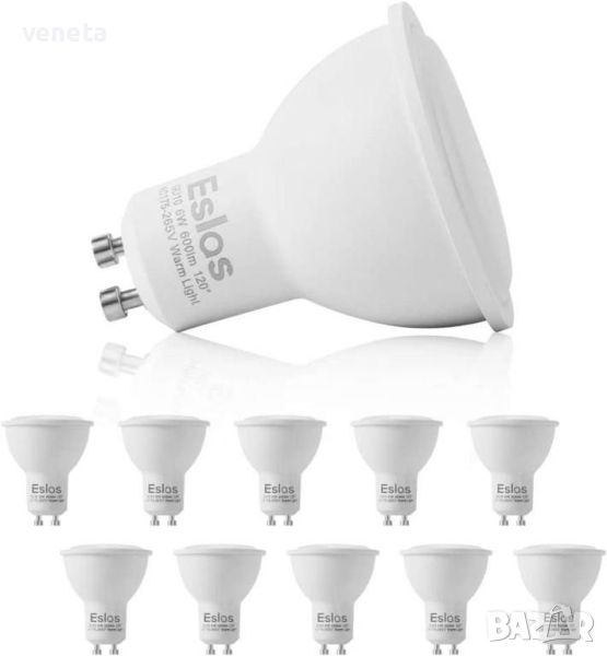 Eslas GU10 LED топло бяла крушка, 6W 600LM 3000K, еквивалент на халогенна крушка 60W, снимка 1