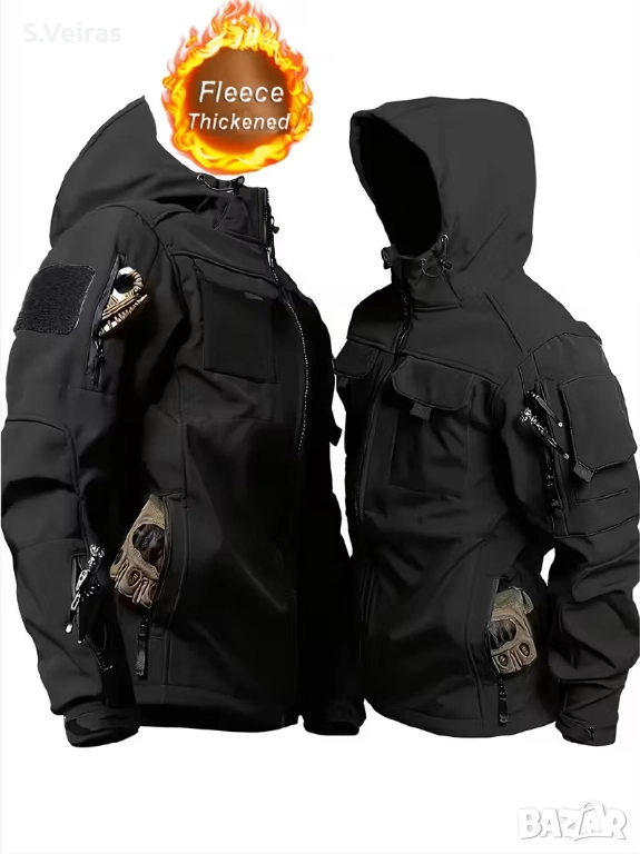 Работно Тактическо Ветроустойчиво яке с качулка, с много джобове, Цвят -Черен, снимка 1