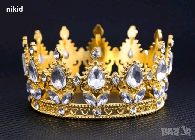 Златна сребърна корона с розови рубин камъни декор украса за торта и дамска детска принцеса парти