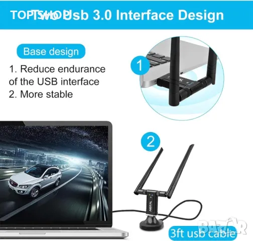 USB адаптер с двойна антена Wifi Usb 3.0 AC1200 2.4 / 5.8Ghz 300Mbps - 867Mbps Антена 5 dBi, снимка 3 - Мрежови адаптери - 48476924