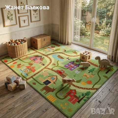 Детски килим за игра 120х160см - Светлозелен килим с ферма и животни, противоплъзгащ и миещ се