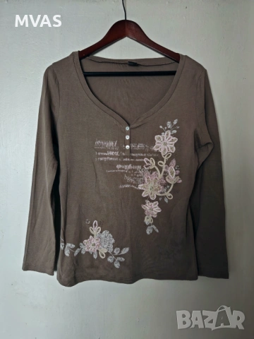 Дамска блуза с дълъг ръкав и деколте каки L размер