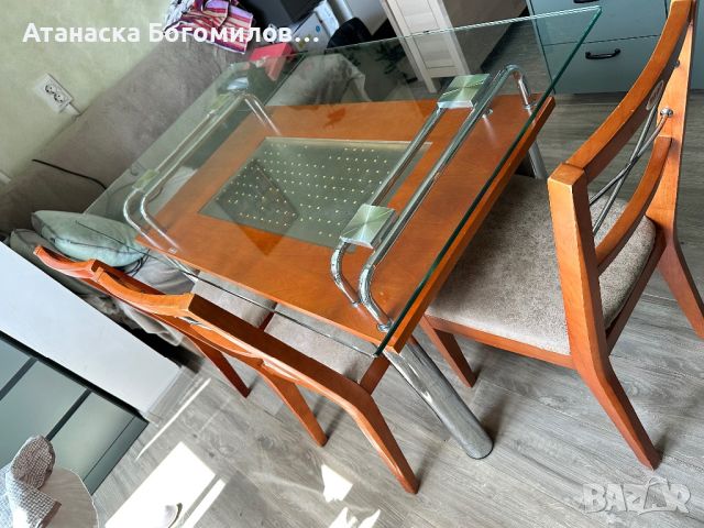 Масивна стъклена трапезна маса със столове, снимка 1 - Маси - 45966758