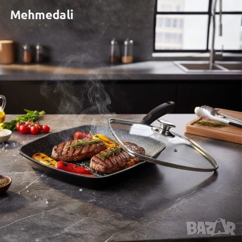 Грил тиган Cheffinger 28×28 см с капак – мраморно покритие, снимка 2 - Съдове за готвене - 53168640