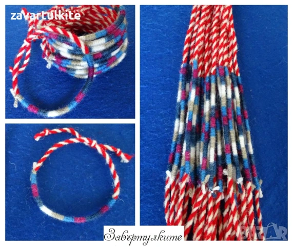 Мартеници за ръка от вълна с шарени конци, снимка 2 - Гривни - 53253791