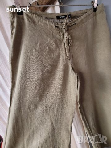ЛЕНЕН зелен панталон с бродерия, широки крачоли- L , снимка 15 - Панталони - 46318424