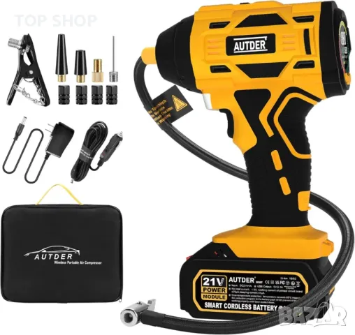AUTDER Безжична помпа за гуми, преносим въздушен компресор 21V батерия и 12V DC, 180 PSI