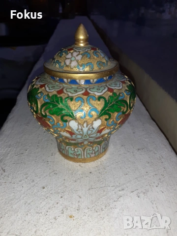Клоазоне cloisonne клетъчен емайл бронз ваза бурканче, снимка 3 - Антикварни и старинни предмети - 53335696