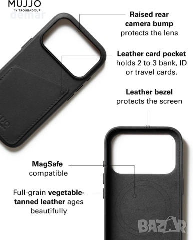 Кожен калъф-портфейл Mujjo - за iPhone 17 Pro - MagSafe - черен, снимка 3 - Калъфи, кейсове - 52962650