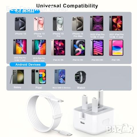 Нов Комплект 2 броя Зарядно 20W с Дълъг 3м USB C Кабел за iPhone и iPad Айфон, снимка 4 - Аксесоари за Apple - 46598502