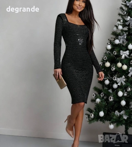 Елегантна дамска Рокля в Бяло и Черно/Машинно втъкани Камъчета в плата/