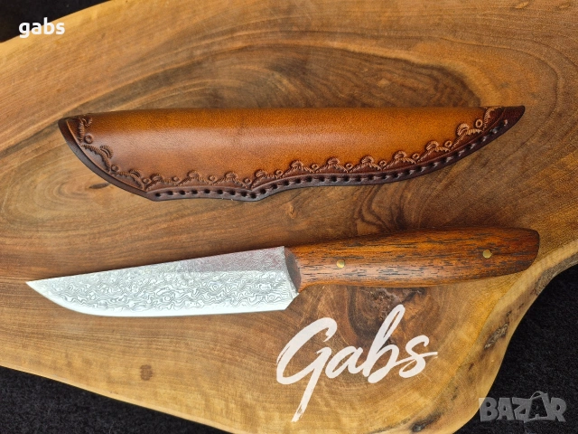 Ловен нож дамаска стомана LN439,фултанг с кожена кания, снимка 3 - Ножове - 53572029
