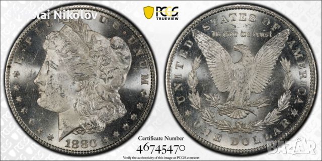 1$ Морган долар 1880-S САЩ (сребро) PCGS MS 63, снимка 1 - Нумизматика и бонистика - 46430278