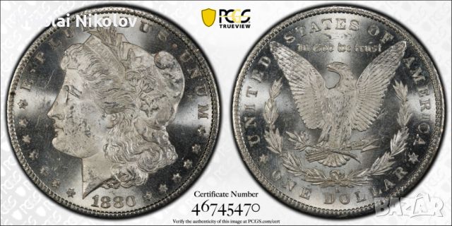 1$ Морган долар 1880-S САЩ (сребро) PCGS MS 63, снимка 1 - Нумизматика и бонистика - 46572268