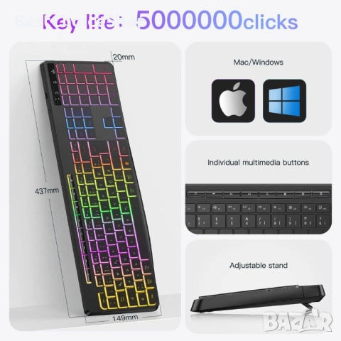 TECURS WK007 Wireless Keyboard – Безжична клавиатура с подсветка, водоустойчива, снимка 8 - Клавиатури и мишки - 53388903