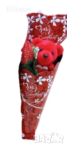 Романтичен букет с плюшено мече и роза, снимка 7 - Плюшени играчки - 53087912