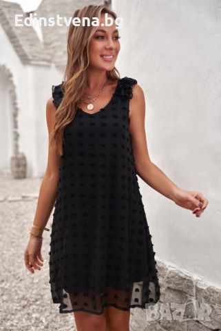 Дамска рокля в черно с къдрички и принт на точки, снимка 4 - Рокли - 46413803
