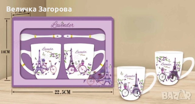 Порцеланов комплект 2 чаши с 2 лъжици, снимка 1