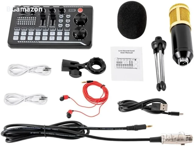НОВ Комплект звукова карта с кондензаторен микрофон, аудио интерфейс за стрийминг, подкастинг, снимка 1