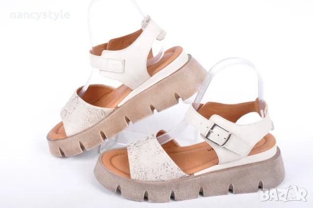 СЕЗОН'25! Дамски сандали ниска платформа - Екрю, снимка 1