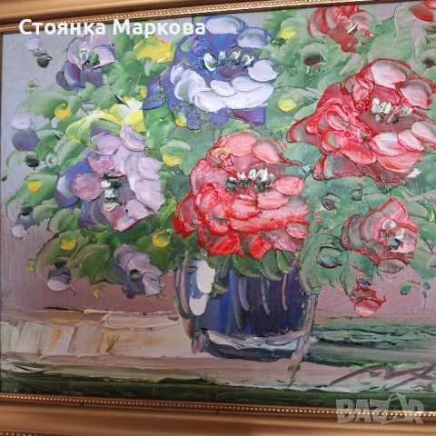 Рисувана картина ваза с цветя върху плат, снимка 2 - Картини - 53483133