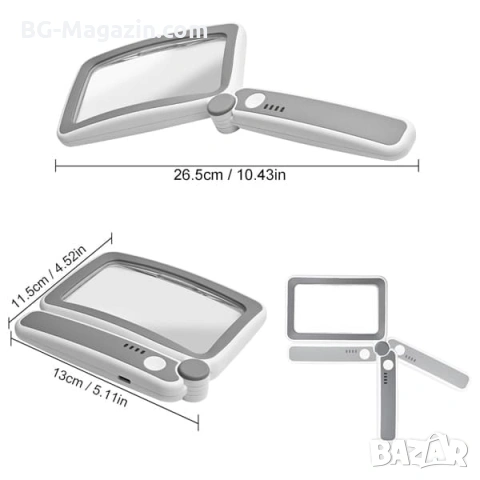 Акумулаторна правоъгълна увеличителна лупа с LED осветление ръчна за четене на книги USB зареждане, снимка 9 - Други инструменти - 53032179