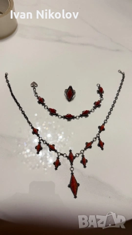 Сребърен комплект колие гривна и пръстен с корал Арт деко 46грама