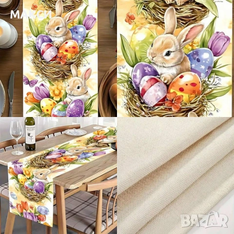 Прекрасен дълъг тишлайфер в красив празничен Великденски десен - плат тип лен