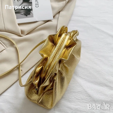 Чисто нова елегантна, металическа, златна (златиста) клъч чанта с дръжка, която се прибира, снимка 12 - Чанти - 54238486