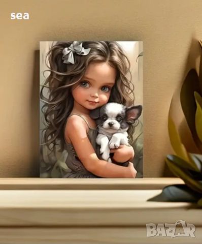 5D диамантен гоблен 🫧 Момиченце с кученце, снимка 1 - Гоблени - 45194809
