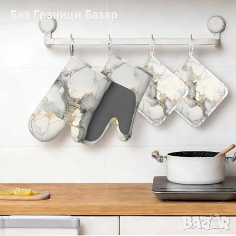 Нови Силиконови ръкавици за фурна и подложки 4 части бял мрамор комплект, снимка 7 - Аксесоари за кухня - 53889031