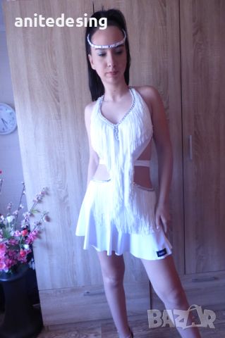 Бяла  рокля за спортни танци с ресни и кристали, снимка 12 - Детски рокли и поли - 46407818