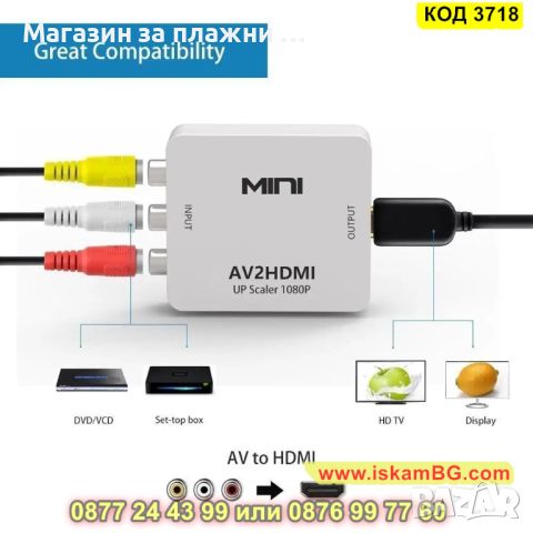 Адаптер видео и стерео аудио AV (RCA) към HDMI Full HD 1080p - КОД 3718, снимка 2 - Друга електроника - 45101320