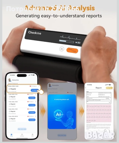 CheckMe Armfit Plus автоматичен апарат за кръвно налягане за горната част на ръката ЕКГ Android  iOS, снимка 6 - Други - 51991203
